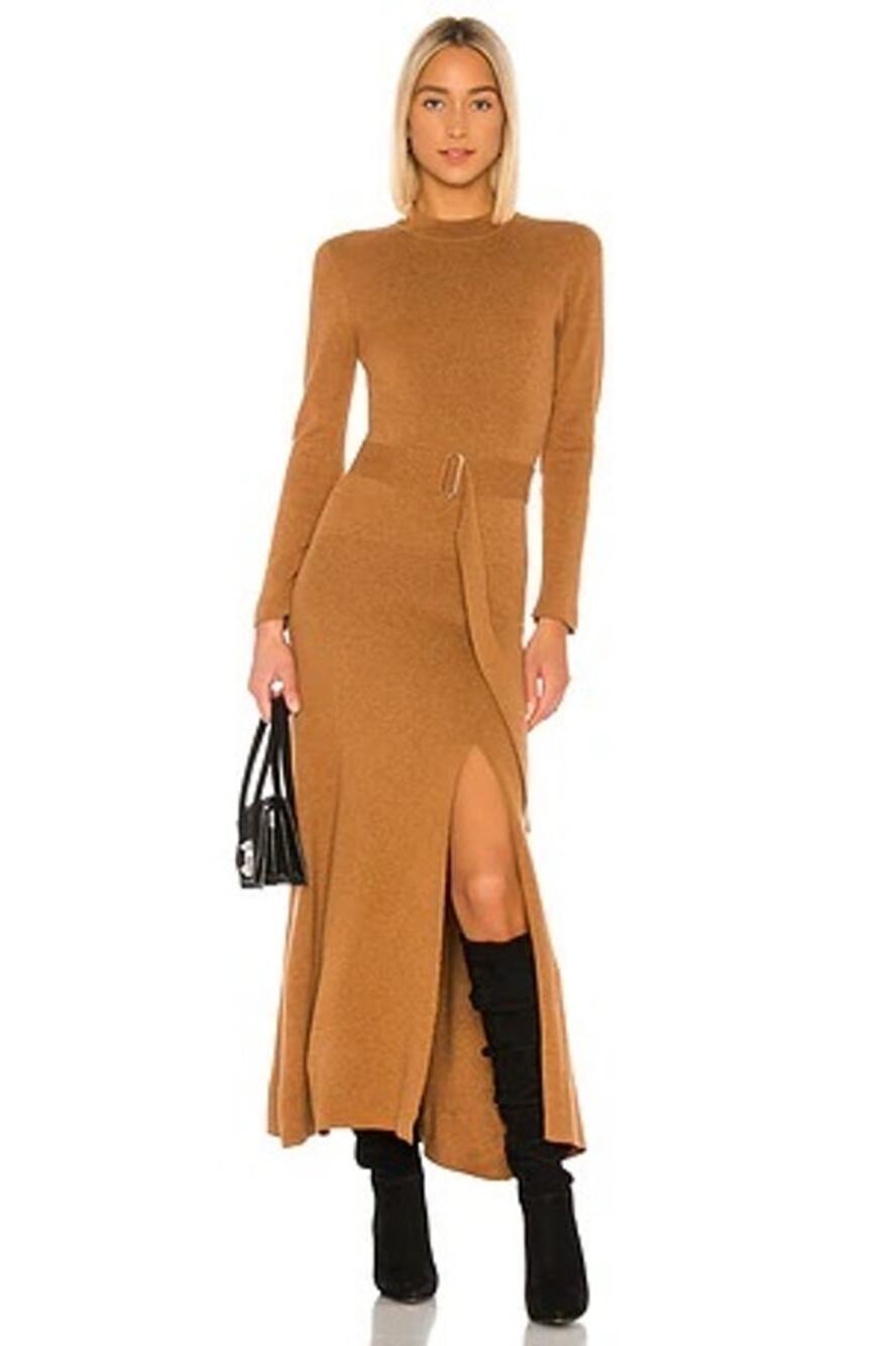 Nicholas Revolve Tobacco Brown Mock Neck Belted Slit Long Sleeve Knit Midi Dress